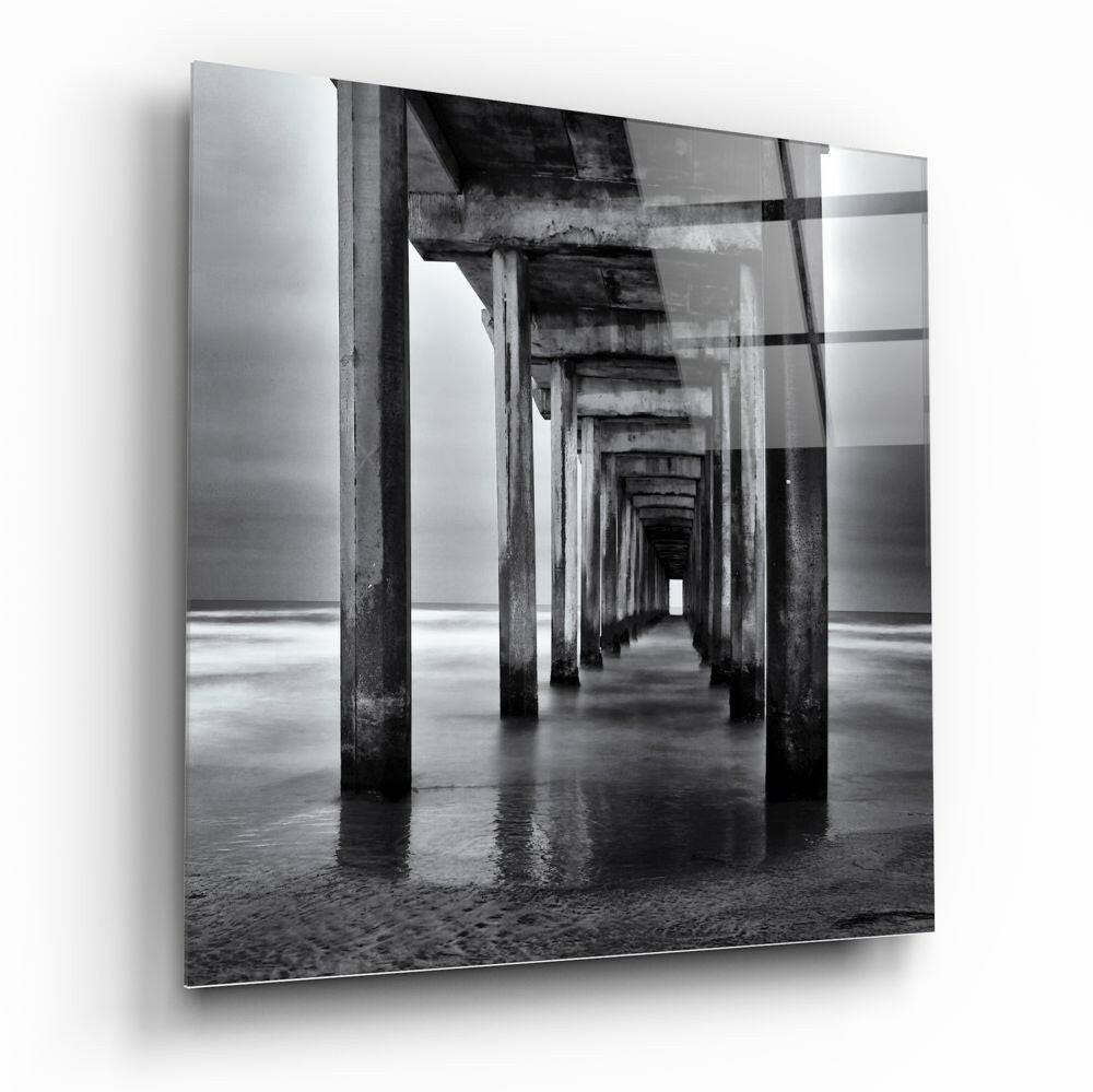 Black White Under Pier Arches Glass Wall Art