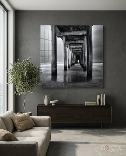 Black White Under Pier Arches Glass Wall Art