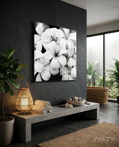 White Frangipani Blooms Monochrome Glass Wall Art