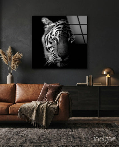 Shadowed Monochrome Tiger Glass Wall Art