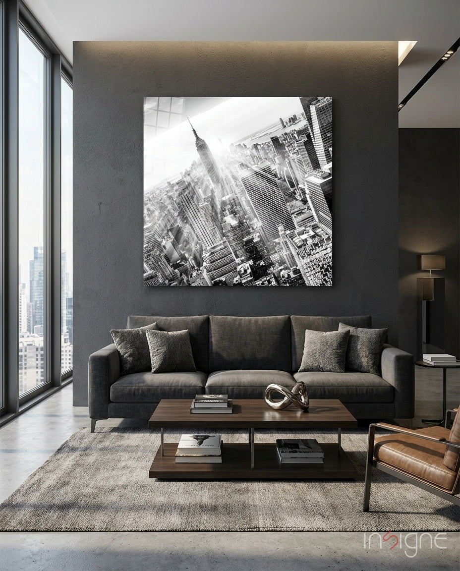 Aerial Black And White Skyline New York Glass Wall Art
