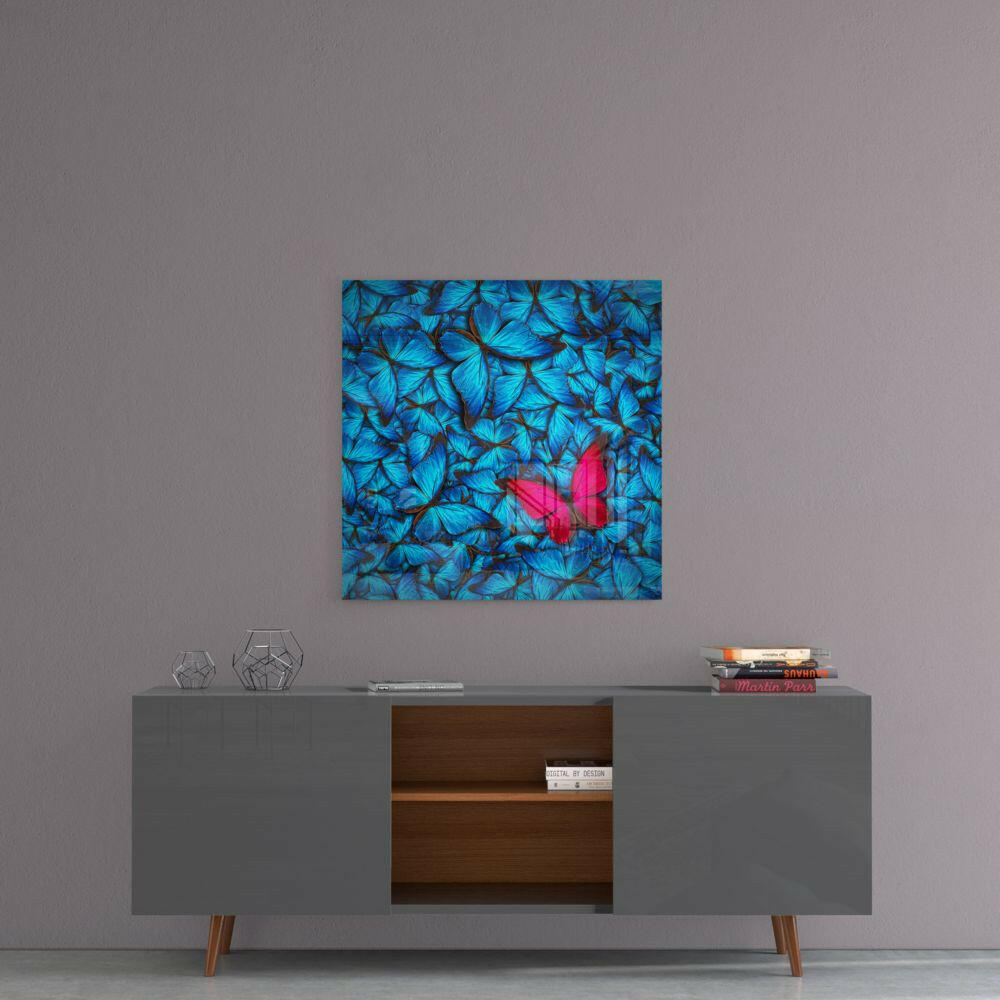 Pink Butterfly on Blue Swarm Glass Wall Art