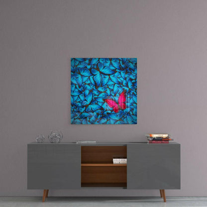 Pink Butterfly on Blue Swarm Glass Wall Art