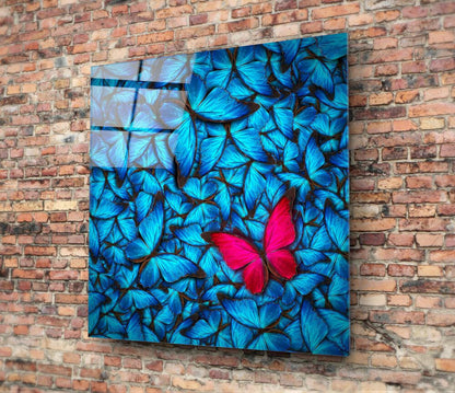 Pink Butterfly on Blue Swarm Glass Wall Art