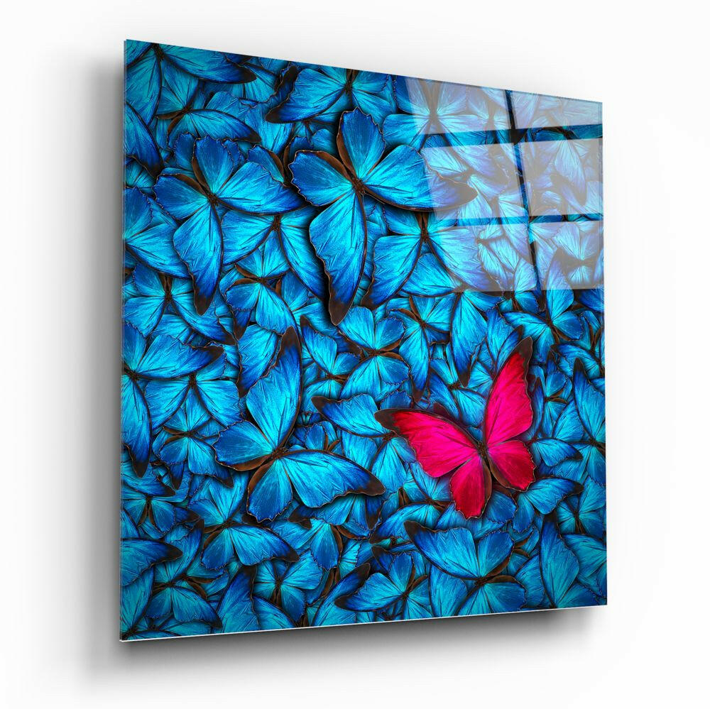 Pink Butterfly on Blue Swarm Glass Wall Art