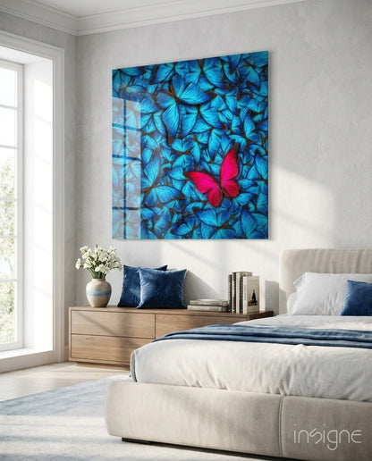 Pink Butterfly on Blue Swarm Glass Wall Art