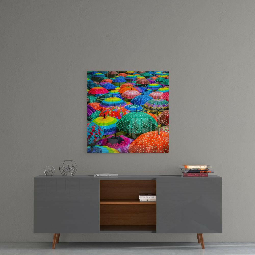 Rainbow Polka Dot Canopy Umbrellas Glass Wall Art