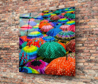 Rainbow Polka Dot Canopy Umbrellas Glass Wall Art