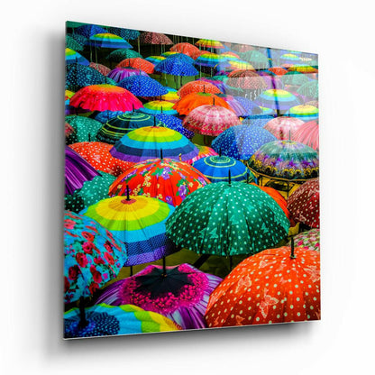 Rainbow Polka Dot Canopy Umbrellas Glass Wall Art