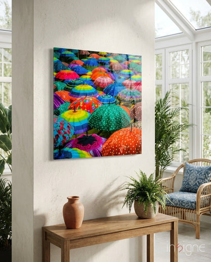 Rainbow Polka Dot Canopy Umbrellas Glass Wall Art