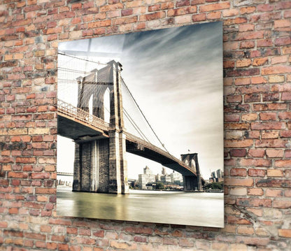 Sepia Brooklyn Bridge Tower Glass Wall Art