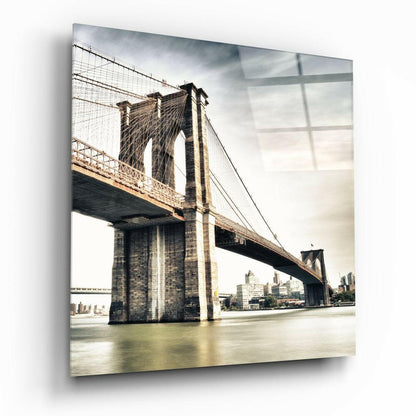 Sepia Brooklyn Bridge Tower Glass Wall Art