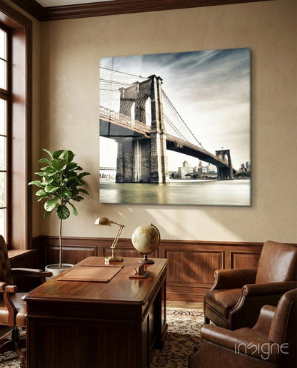 Sepia Brooklyn Bridge Tower Glass Wall Art