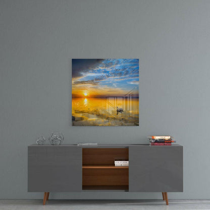 Serene Golden Ocean Sunset Glass Wall Art