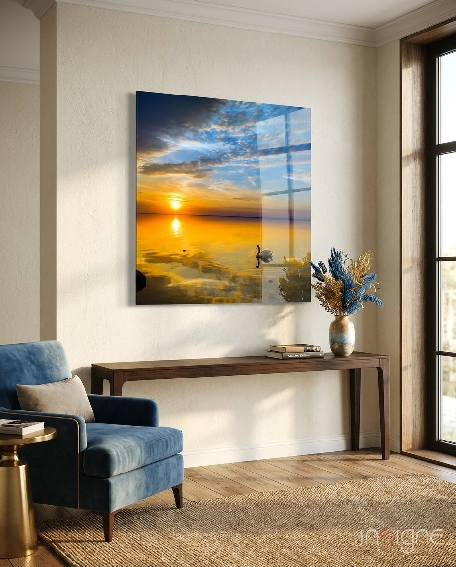 Serene Golden Ocean Sunset Glass Wall Art