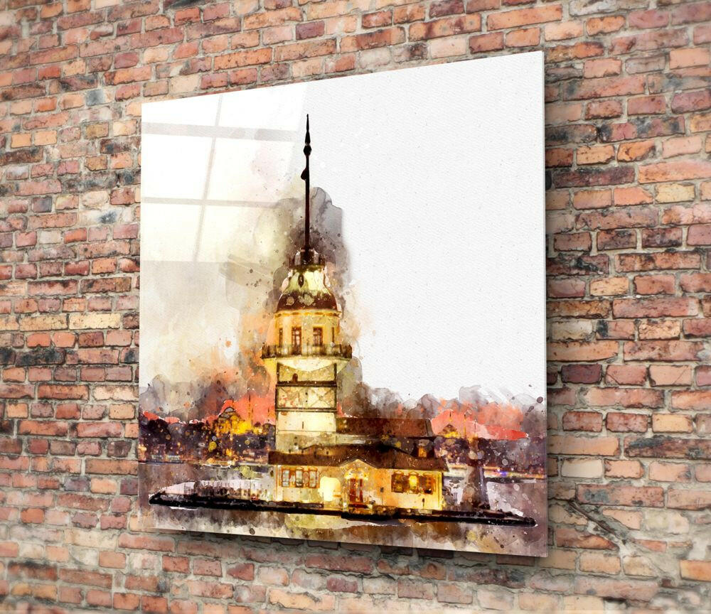 Watercolor Golden Glow Maidens Tower Glass Wall Art
