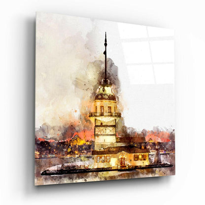 Watercolor Golden Glow Maidens Tower Glass Wall Art