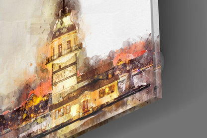 Watercolor Golden Glow Maidens Tower Glass Wall Art
