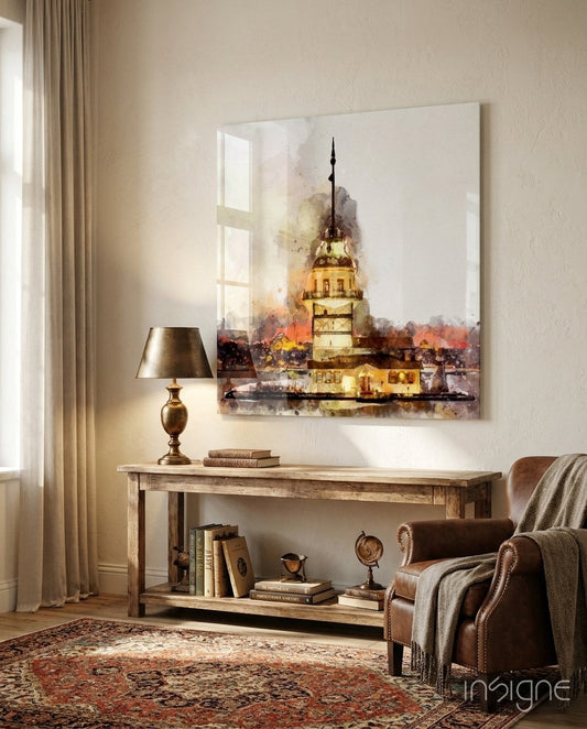 Watercolor painting of golden-lit Maiden's Tower displayed on white wall above wooden console table in traditional living room setting.