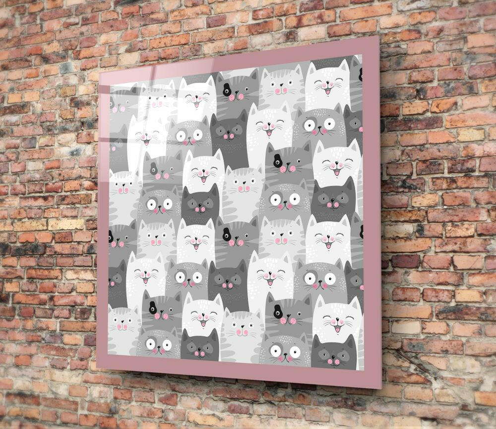 Gray Doodle Faces Pink Border Cats Glass Wall Art