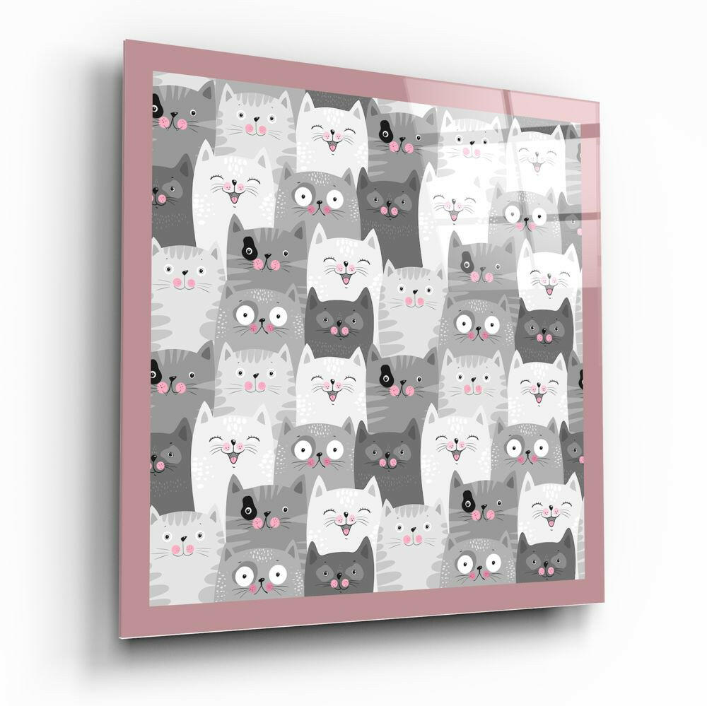 Gray Doodle Faces Pink Border Cats Glass Wall Art