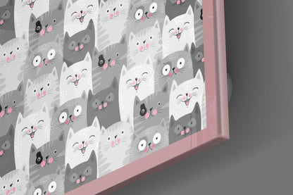 Gray Doodle Faces Pink Border Cats Glass Wall Art