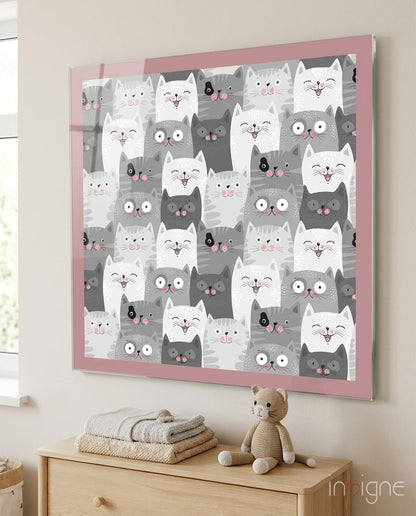 Gray Doodle Faces Pink Border Cats Glass Wall Art