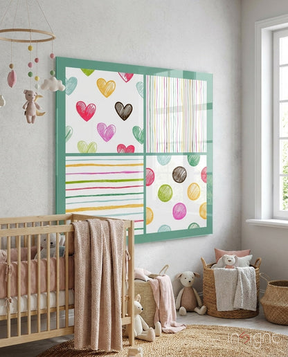 Colorful Hearts and Dots Kids Glass Wall Art