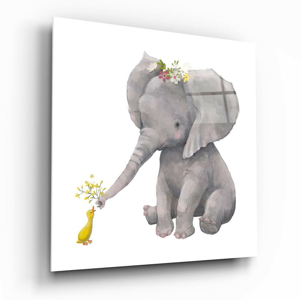 A gentle gray elephant holding yellow flowers offers them to a small yellow duck, both rendered in watercolor style on white glass.