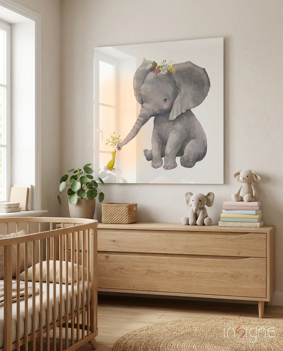 Nursery room with wooden crib and dresser displaying glass wall art of gray elephant with flowers holding yellow duck figurine.