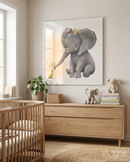 Nursery room with wooden crib and dresser displaying glass wall art of gray elephant with flowers holding yellow duck figurine.