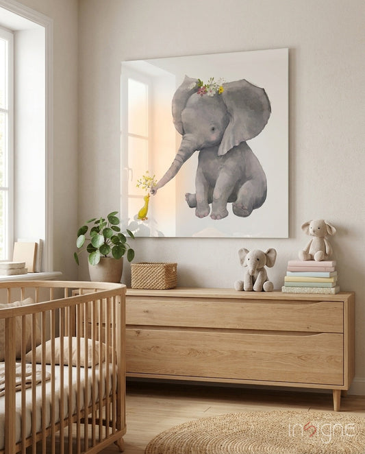 Nursery room with wooden crib and dresser displaying glass wall art of gray elephant with flowers holding yellow duck figurine.