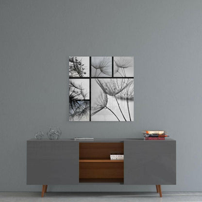 Monochrome Dandelion Collage Glass Wall Art