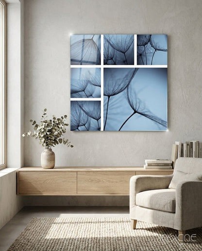 Blue Dandelion Seed Panels Glass Wall Art