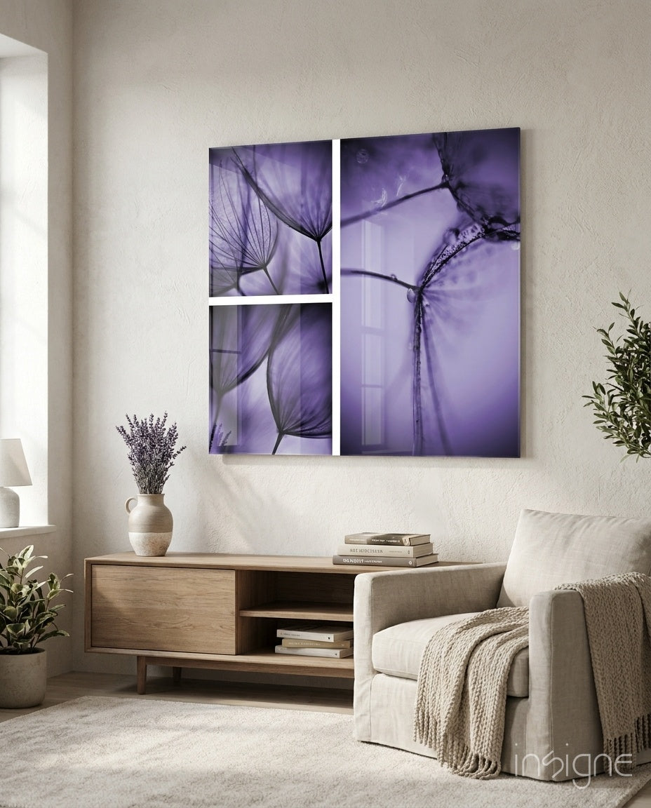 Purple Dandelion Triptych Glass Wall Art