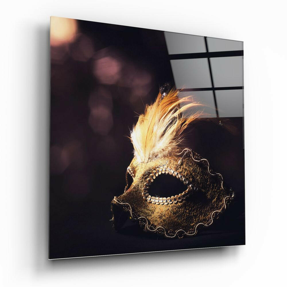 Gold Plumed Masquerade Mask Bokeh Glass Wall Art