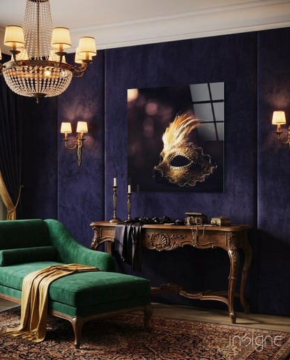 Gold Plumed Masquerade Mask Bokeh Glass Wall Art