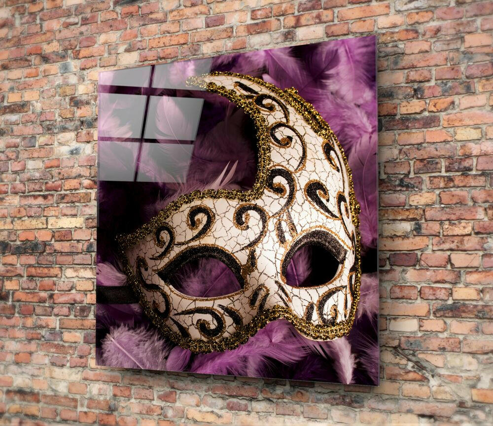 Ivory Swirl Mask on Purple Feathers Glass Wall Art