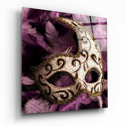 Ivory Swirl Mask on Purple Feathers Glass Wall Art