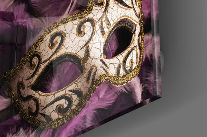 Ivory Swirl Mask on Purple Feathers Glass Wall Art