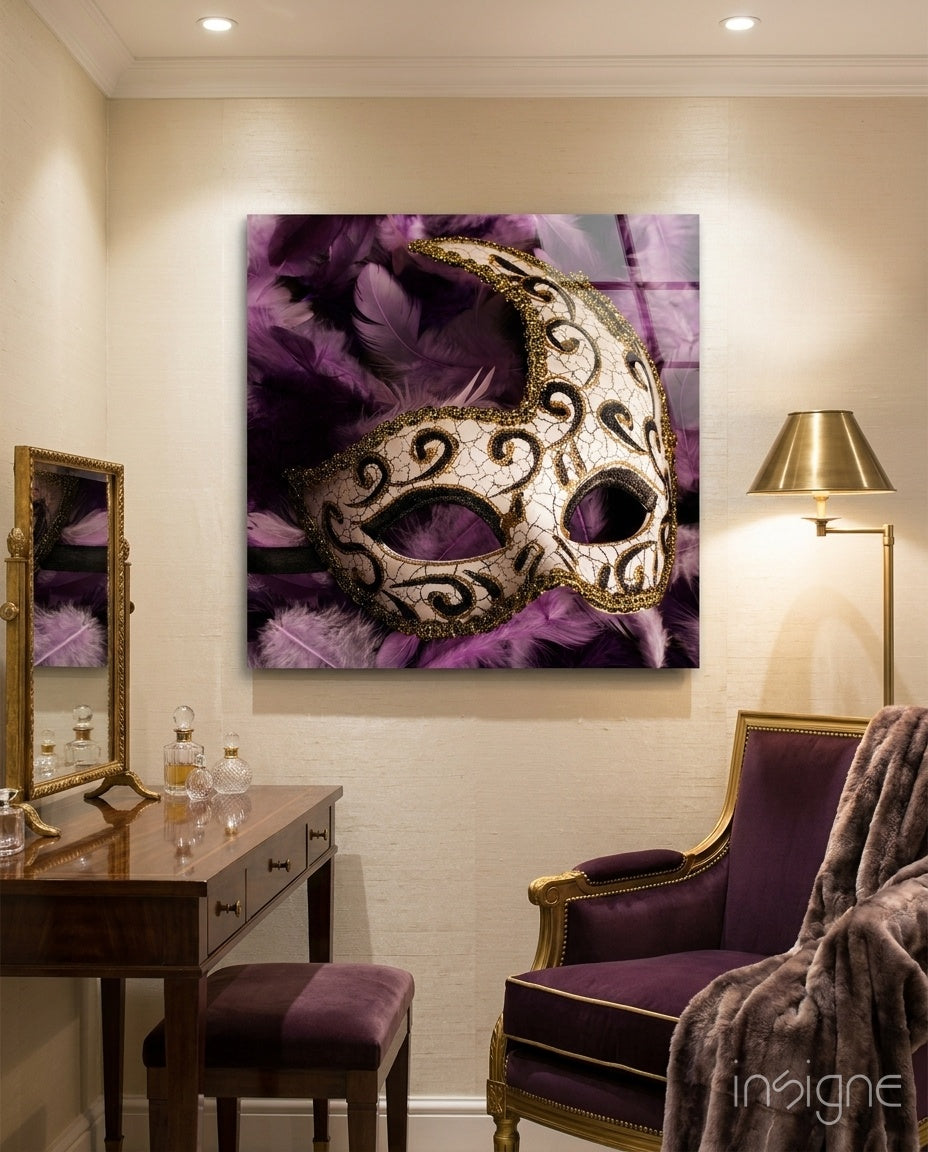 Ivory Swirl Mask on Purple Feathers Glass Wall Art
