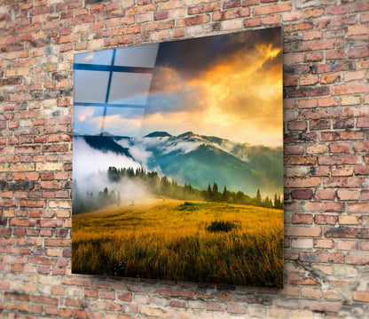 Misty Pine Ridge Golden Meadow Glass Wall Art
