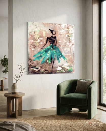 Turquoise Skirt Dancer Blush Backdrop Glass Wall Art