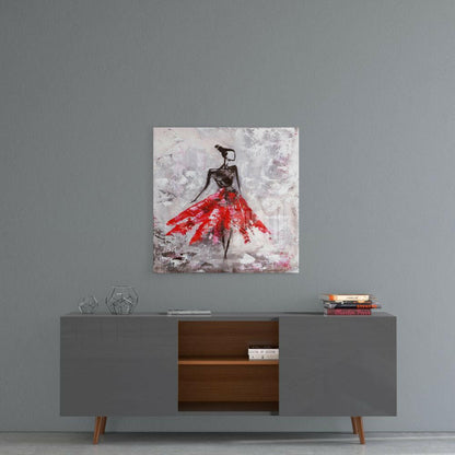 Red Skirt Dancer on Frosted Gray Glass Wall Art