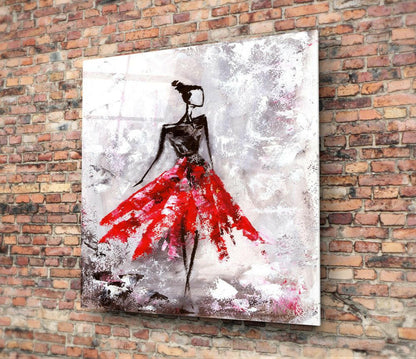 Red Skirt Dancer on Frosted Gray Glass Wall Art