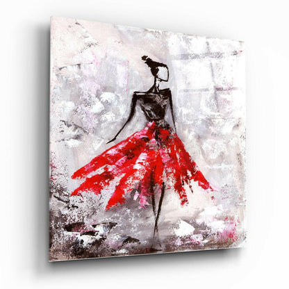 Red Skirt Dancer on Frosted Gray Glass Wall Art