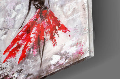 Red Skirt Dancer on Frosted Gray Glass Wall Art