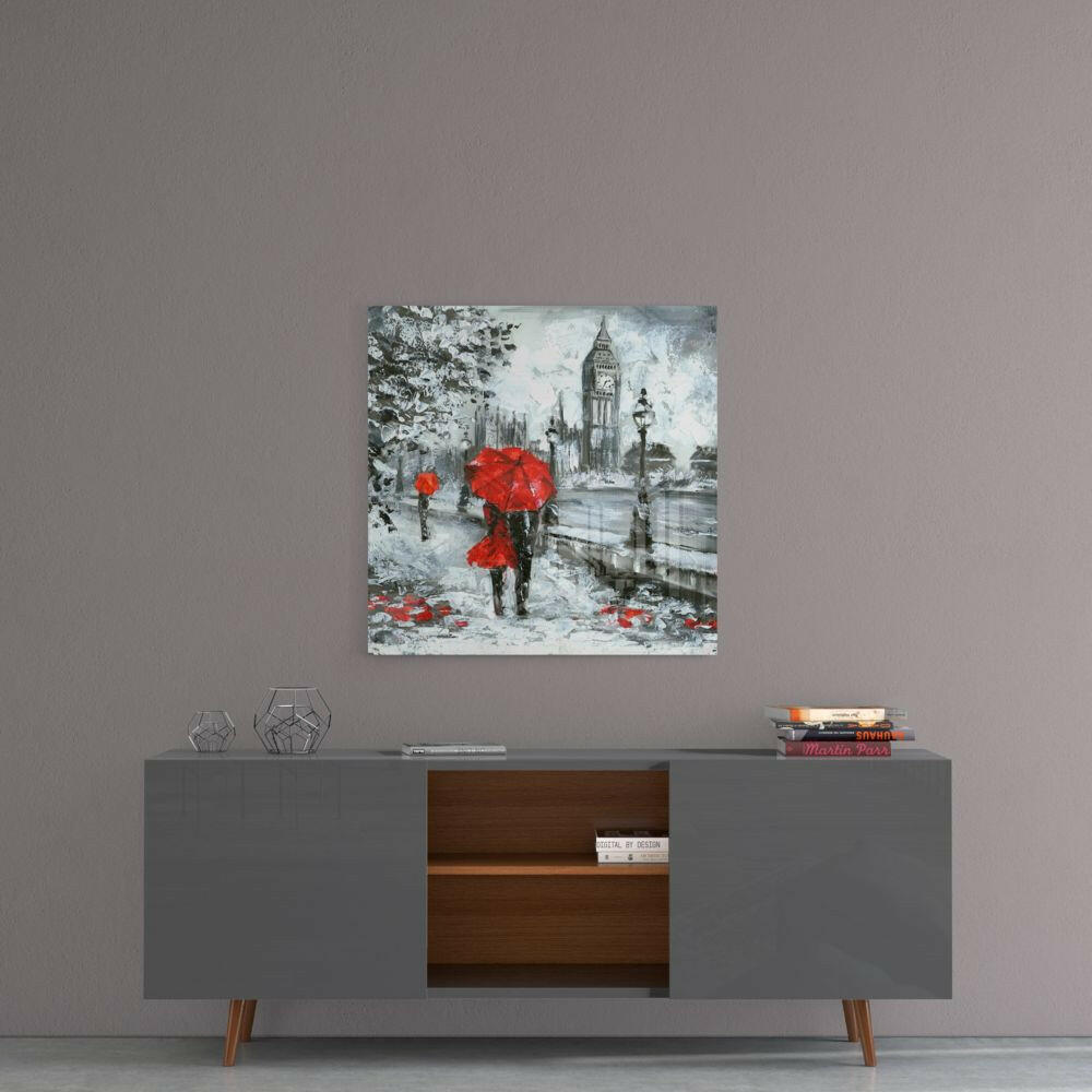 Red Umbrella Couple by Clock Tower Glass Wall Art
