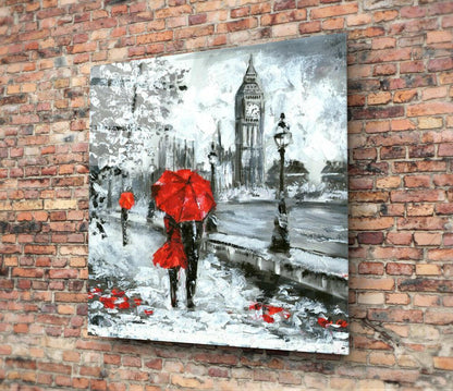 Red Umbrella Couple by Clock Tower Glass Wall Art
