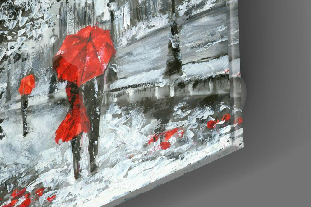 Red Umbrella Couple by Clock Tower Glass Wall Art